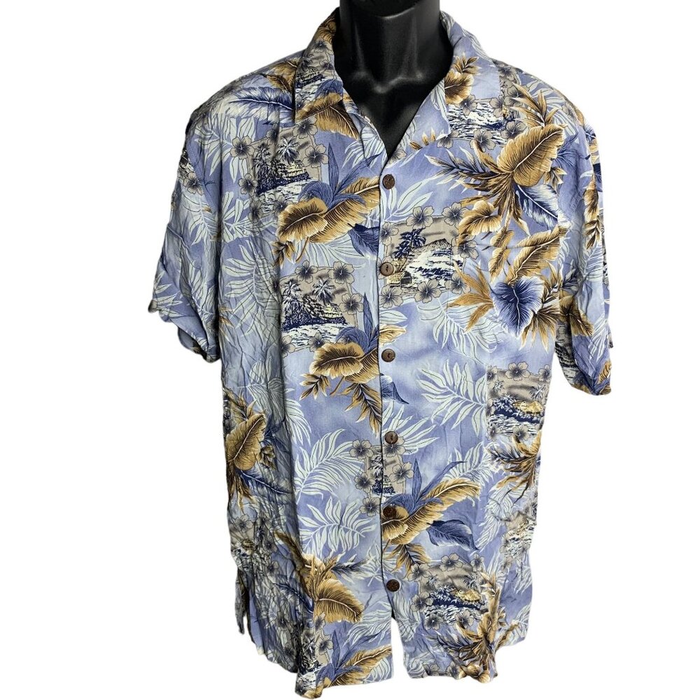 Vintage 90s Hawaiian Button Up Shirt L Blue Floral Camp Pocket Short Sleeves
